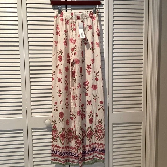 NWT! ZARA Palazzo Pajama Style Paisley Pull On Pants Cream Red - Size XS - Picture 4 of 6